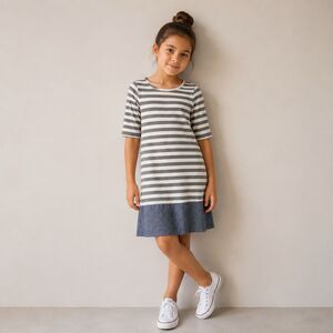 Faded Glory Girls 3/4 Sleeve Striped Denim Dress Casual Gray Blue Size S (6-6X)